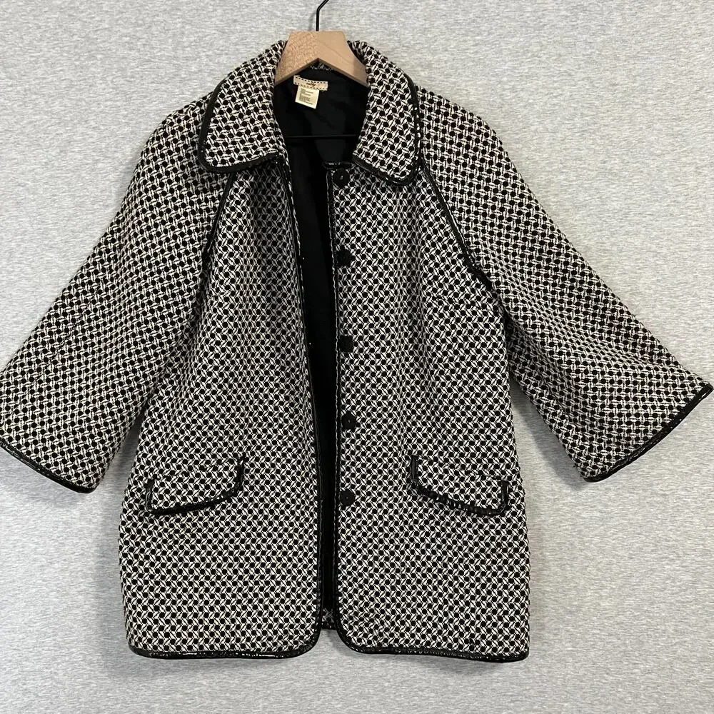 Nubby Coat Jacket Womens Medium Black White Tweed Y2K Patent Leather Trim Modern
